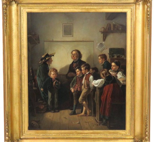 19th c. CONTINENTAL OIL PAINTING CHILDREN in CLASSROOM