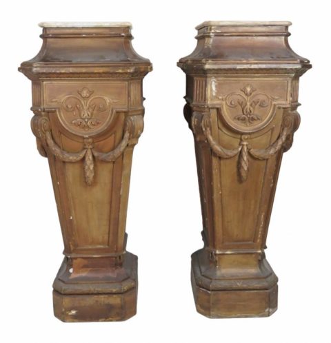 PAIR FRENCH STYLE CARVED MARBLETOP PEDESTALS
