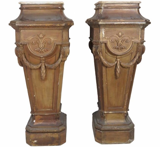 Pair FRENCH STYLE CARVED MARBLETOP PEDESTALS