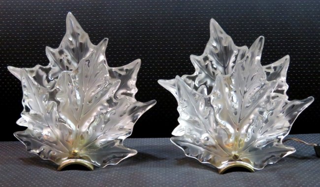 Pair Lalique French Crystal Leaf Form Lamps