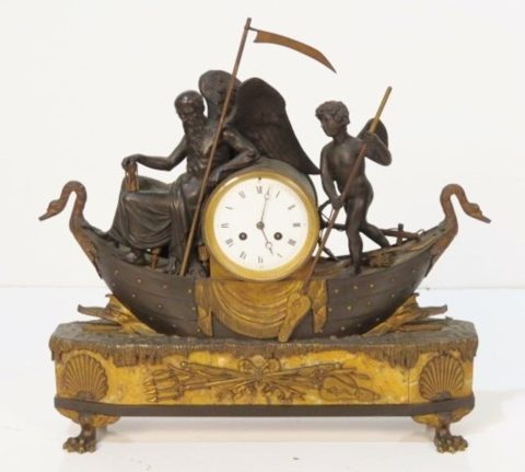 French Chronos and Amour Figural Bronze Clock