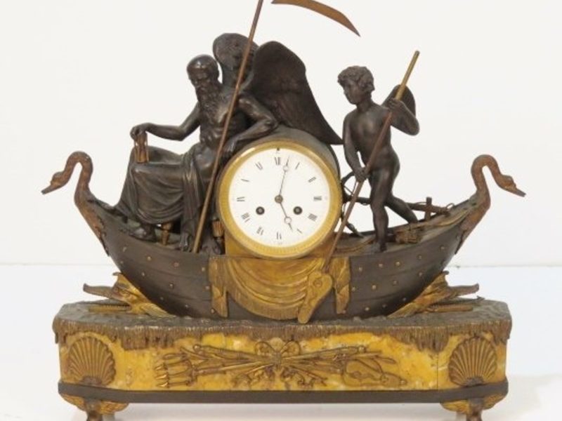 French Chronos and Amour Figural Bronze Clock