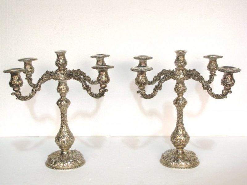 Pair 15 inch Kirk and Son Sterling Repousse Candleabras
