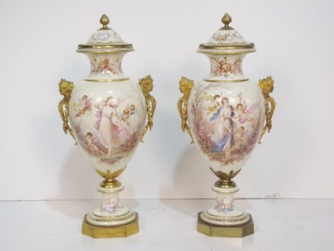 Pair 35 inch Bronze Mounted Sevres Vases