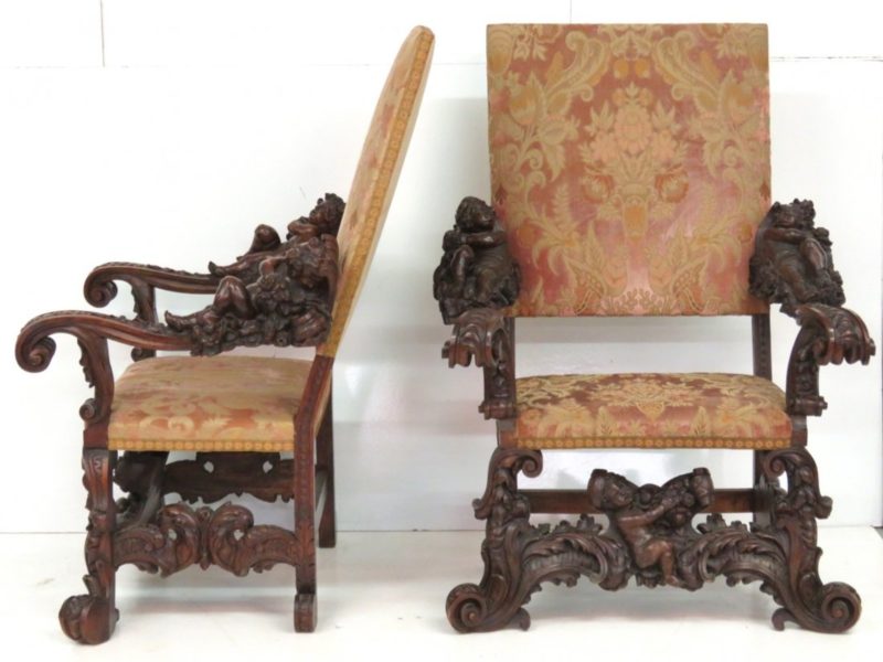 Pair Antique Italian Carved Armchairs with Puttis