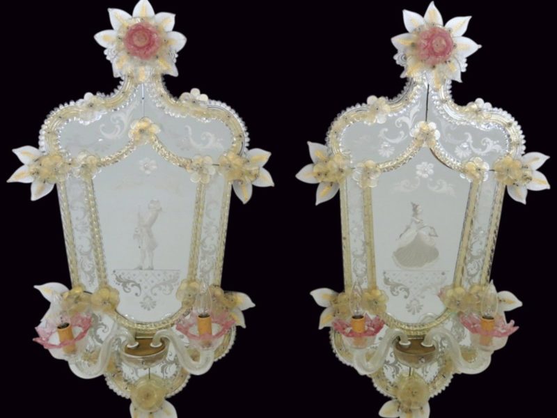 Pair Antique Venetian Glass Mirrored Sconces