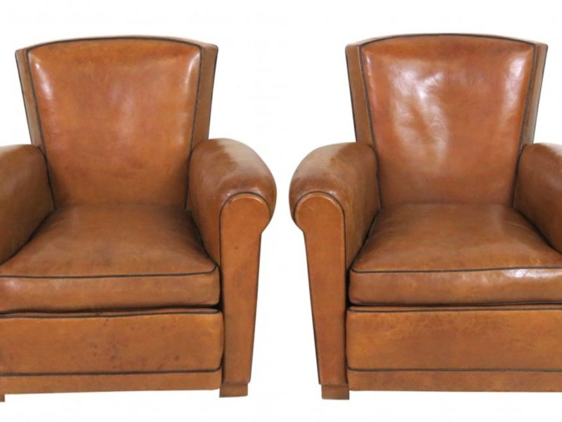 Pair French Art Deco Leather Club Chairs