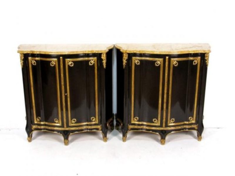 Pair Jansen Ebonized and Gilt Marbletop Cabinets