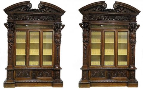 Pair Monumental Carved Bookcases