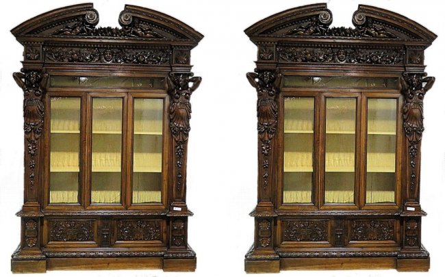 Pair Carved Monumental Carved Bookcases