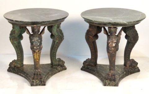 Pair Neoclassical Style Figural Bronze and Marble Tables