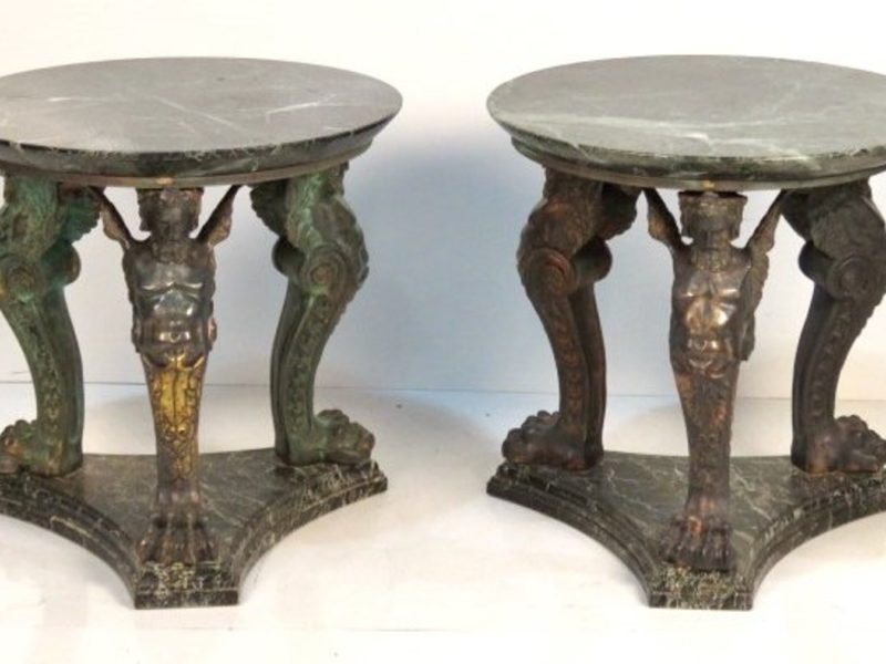 Pair Neoclassical Style Figural Bronze and Marble Table